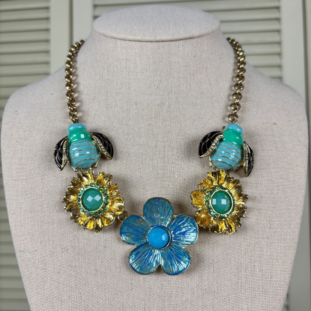 Vintage English Garden Party Gold Blue Green Flower Bee Jewel Statement Necklace